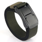 Dark olive woven stretch belt with quick-release buckle and dark metal clasp