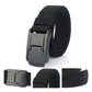 Men's woven quick-buckle belt in black with rectangular gray metal buckle