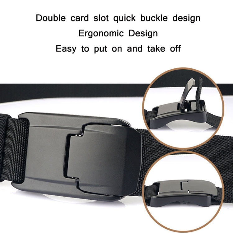 Men's black woven belt with gray quick-release buckle and double card slots