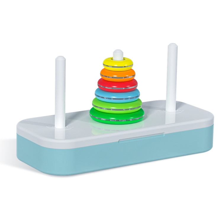 Rainbow Tower of Hanoi stacking toy with white rods and colorful disc rings on base