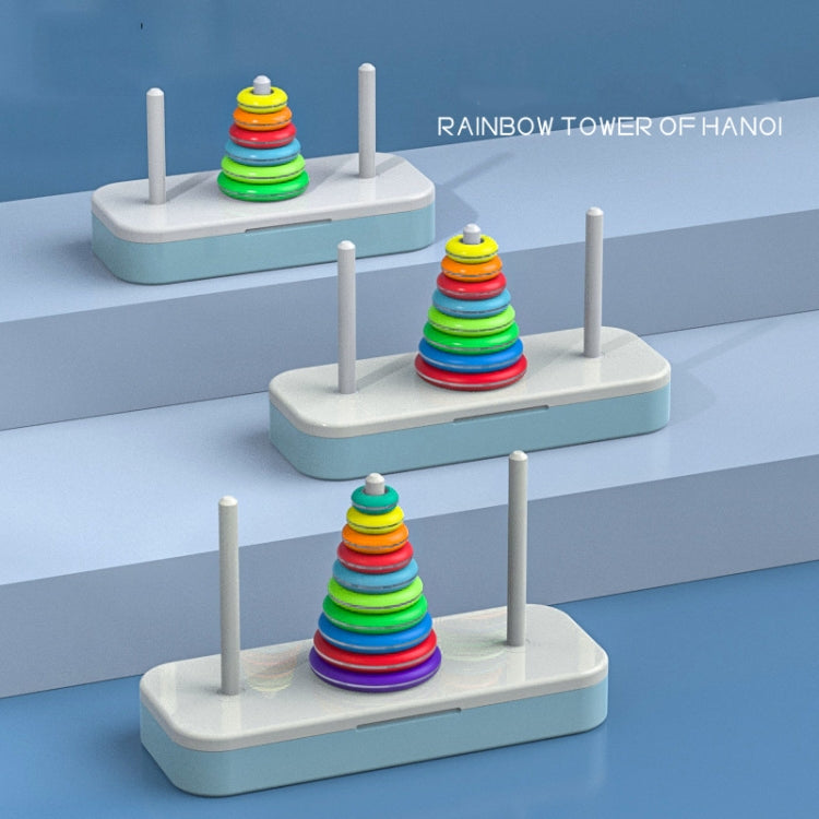 Rainbow Tower of Hanoi stacking toy set with three bases and multicolor ring stacks