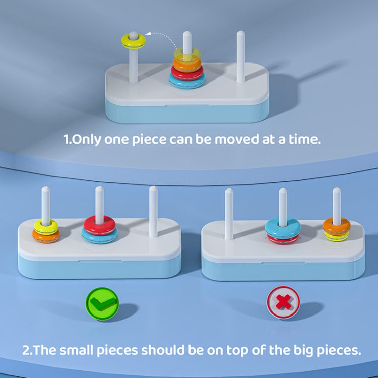 Tower of Hanoi stacking toy with bases, white rods, and multicolor ring stacks