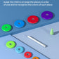 Tower of Hanoi stacking toy pieces with colorful size rings and a white rod on track
