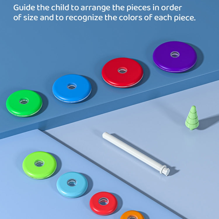 Tower of Hanoi stacking toy pieces with colorful size rings and a white rod on track