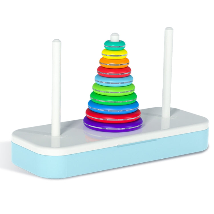Rainbow Tower of Hanoi stacking toy with white rods and stacked multicolor rings on base