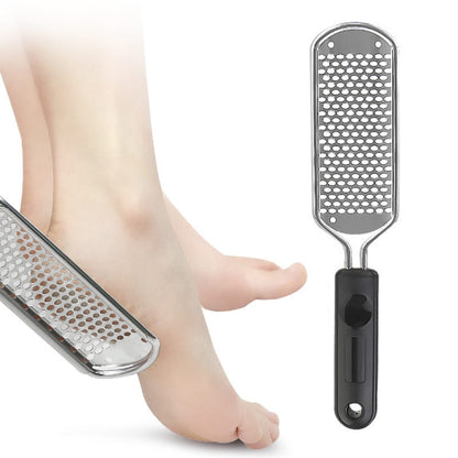 Stainless steel foot exfoliating pedicure grinder with dark handle and smile-shaped head