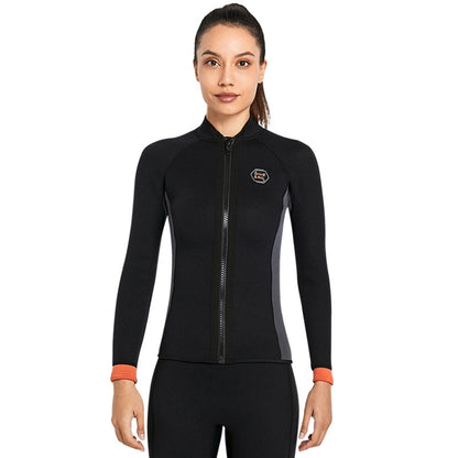 Black 3mm long-sleeve thermal diving top with full front zip and orange cuffs.