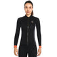 Black thermal diving top with front zip, slim fit paneling, and orange cuff accents.