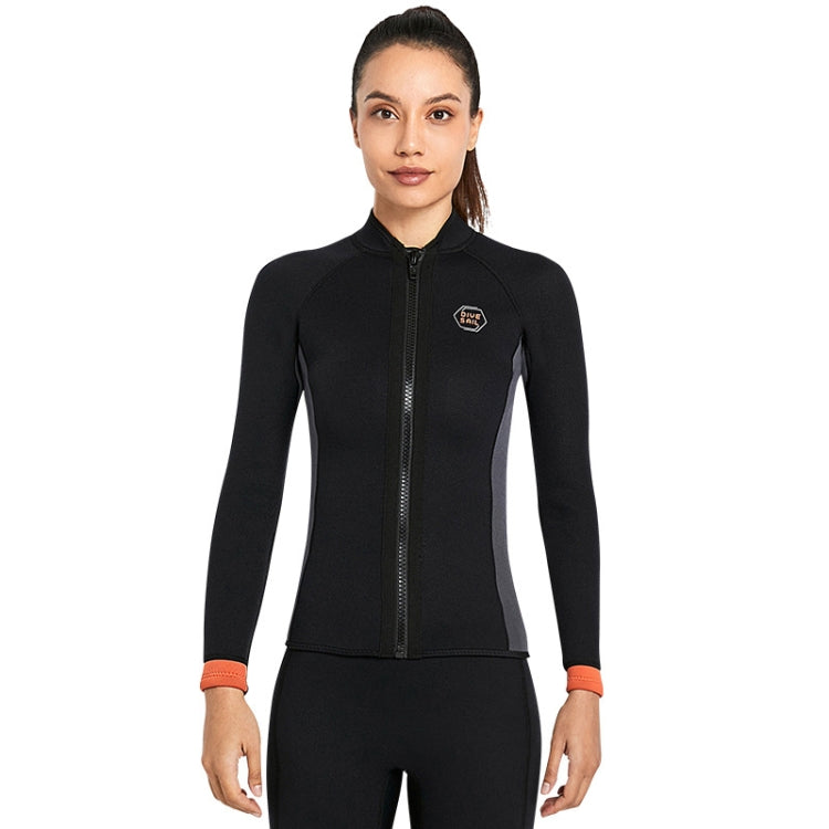 Black 3mm wetsuit-style long-sleeve top with chest logo patch and front zipper.