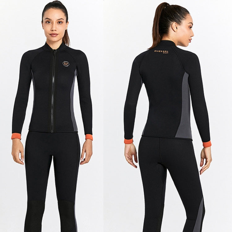 Black long-sleeve thermal diving top shown from front and back with orange cuff trim.