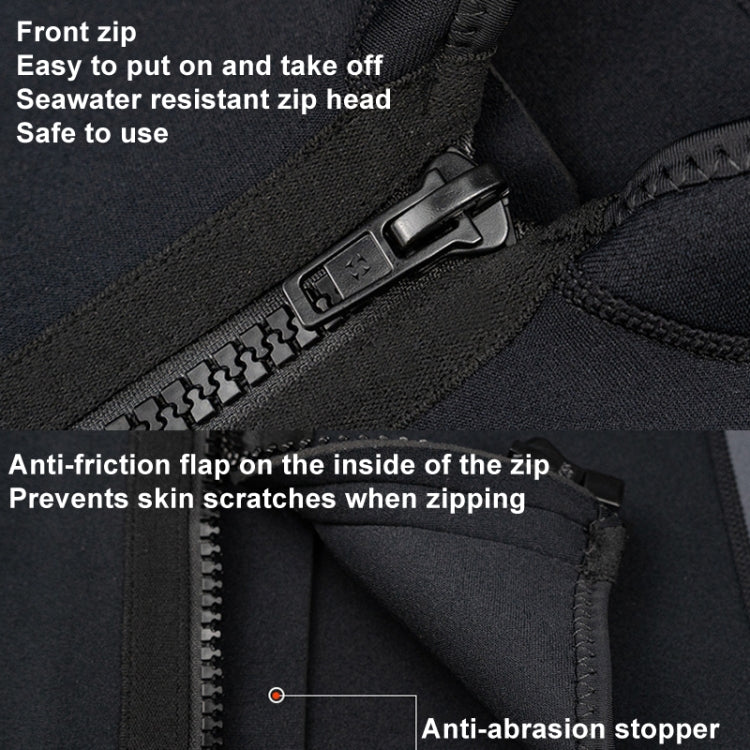 Black thermal top front-zip close-up with textured zipper teeth and anti-scratch flap.