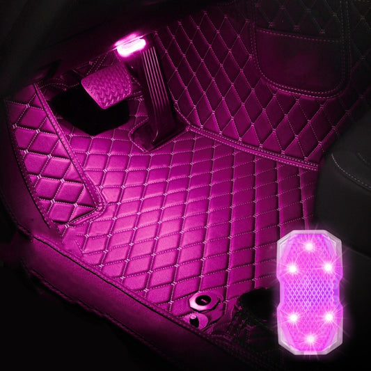 Purple-pink LED car floor mat ambient light with glowing hexagonal light module