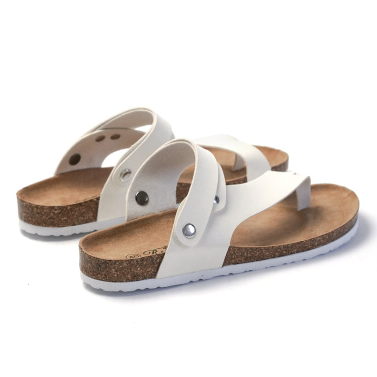 White leather cork slide sandals with two-buckle crossover straps