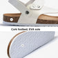 White cork footbed sandal showing EVA outsole and tread texture cross-section