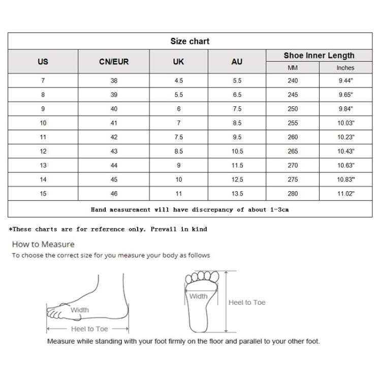 Shoe size chart showing US, UK, AU, and CN/EUR inner length in mm and inches