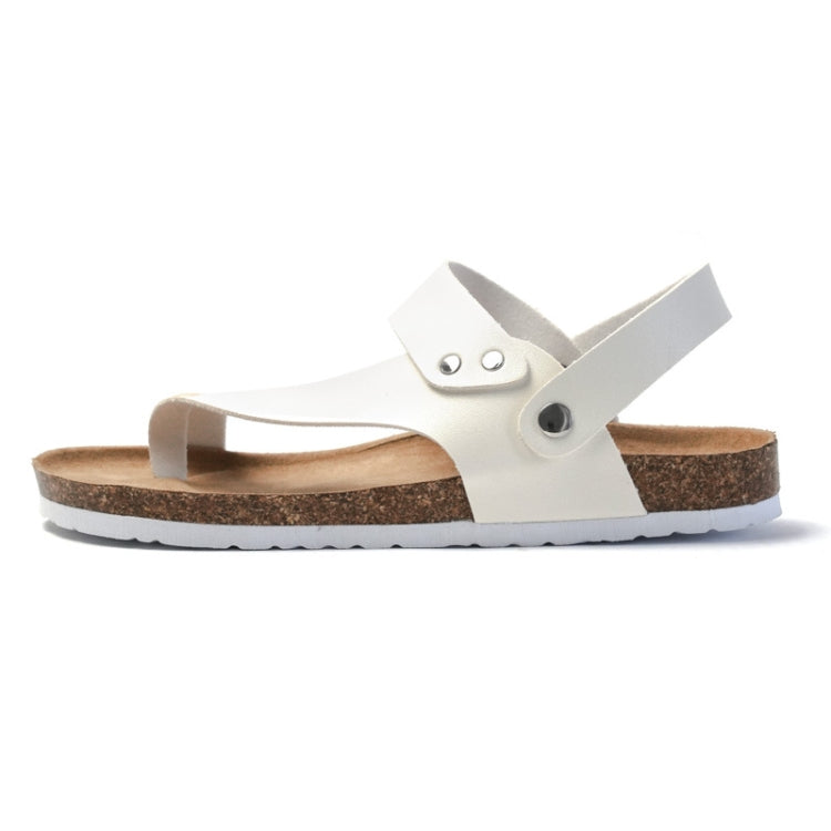 Men's cork flip-flop sandal with white leather-look upper and adjustable strap detail