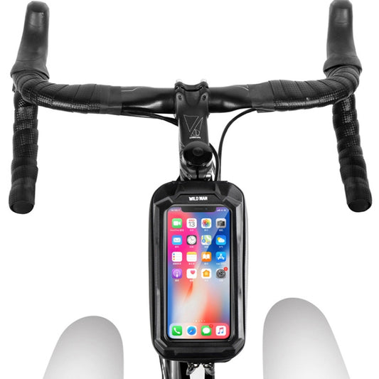 Black bicycle front phone bag with clear touchscreen cover mounted on handlebars