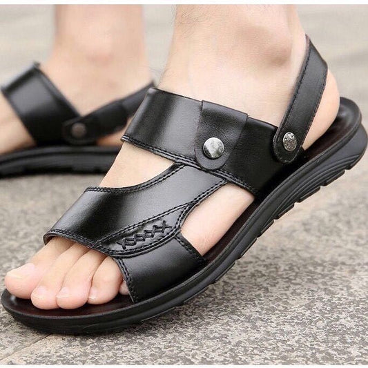 Men's black slide sandals with hook-and-loop straps and textured sole
