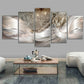 Five-panel abstract wall painting with metallic white-and-gray curves and light-catching sparkle