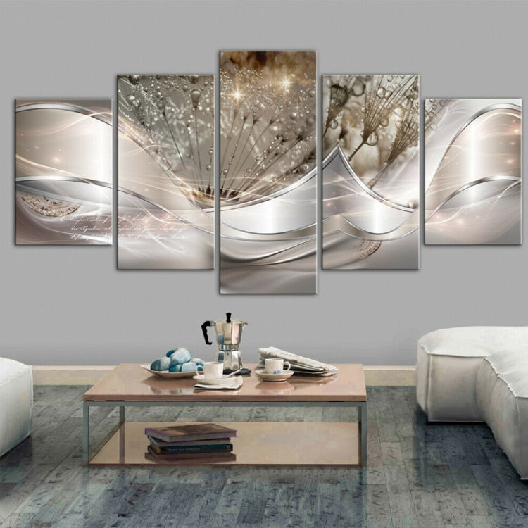 Five-panel abstract wall painting with metallic white-and-gray curves and light-catching sparkle