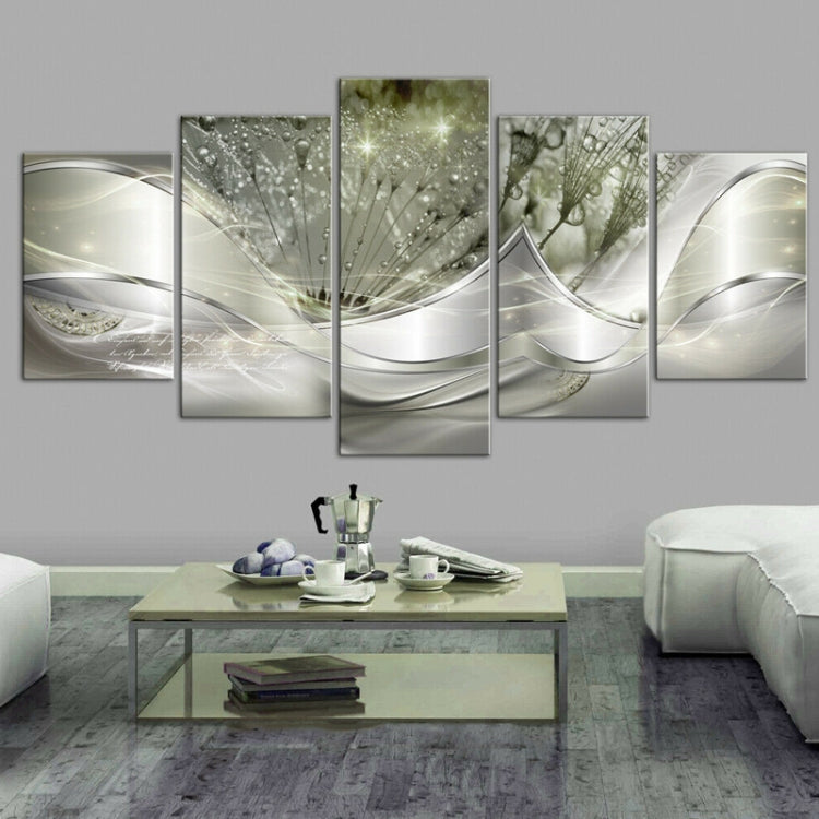 Five-panel abstract wall art set in muted green with metallic lines and sparkling droplet accents