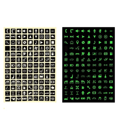 Luminous car button sticker sheet with small black icons, green glowing symbols