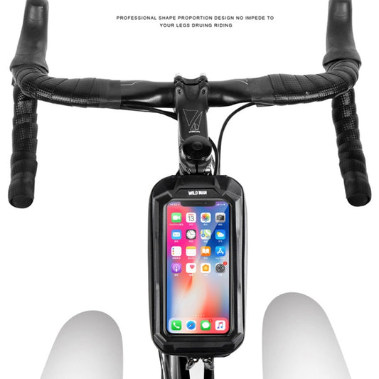 Black hard shell cycling handlebar bag with centered touchscreen window