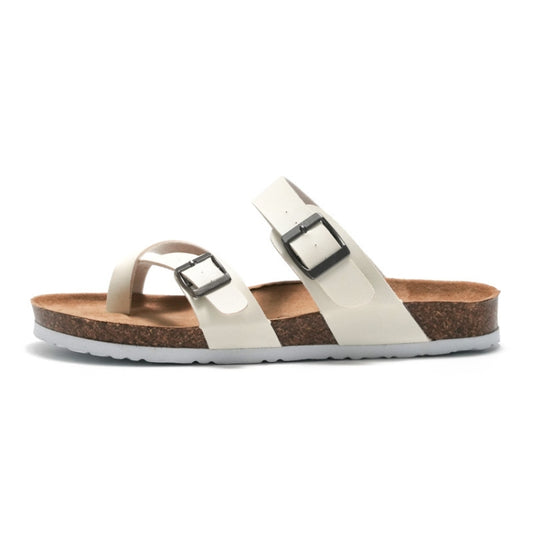 Ruizu cork beach sandals with white adjustable straps and dark buckle, brown base