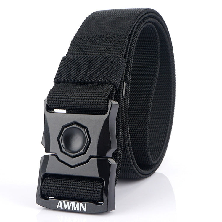 Black woven men’s elastic buckle belt with textured strap and metal snap buckle