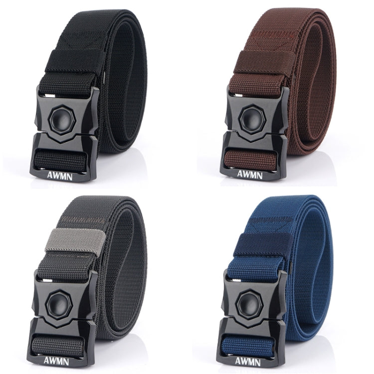 Set of four men’s elastic buckle belts: black, brown, gray, and blue woven straps