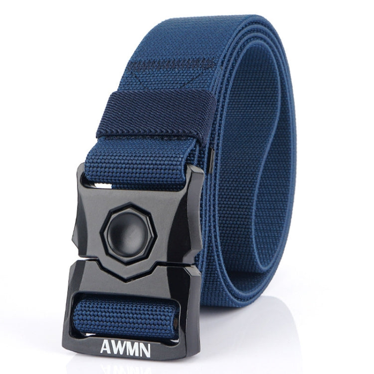Royal blue woven men’s elastic buckle belt with textured strap and metal snap buckle