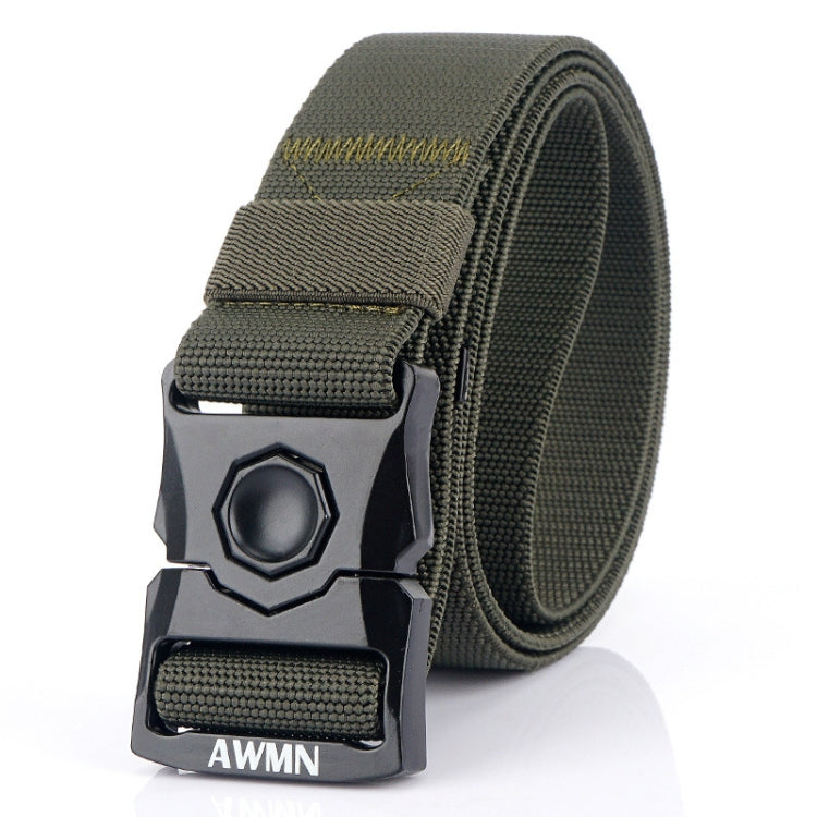 Army green woven men’s elastic buckle belt with textured strap and metal snap buckle