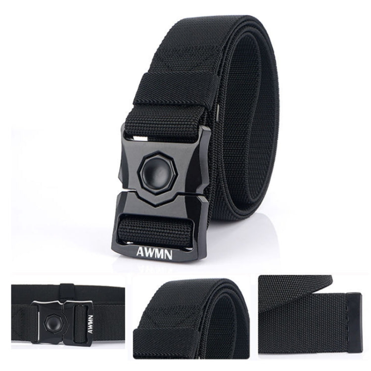 Black woven elastic buckle belt, metal snap buckle and adjustable strap detail