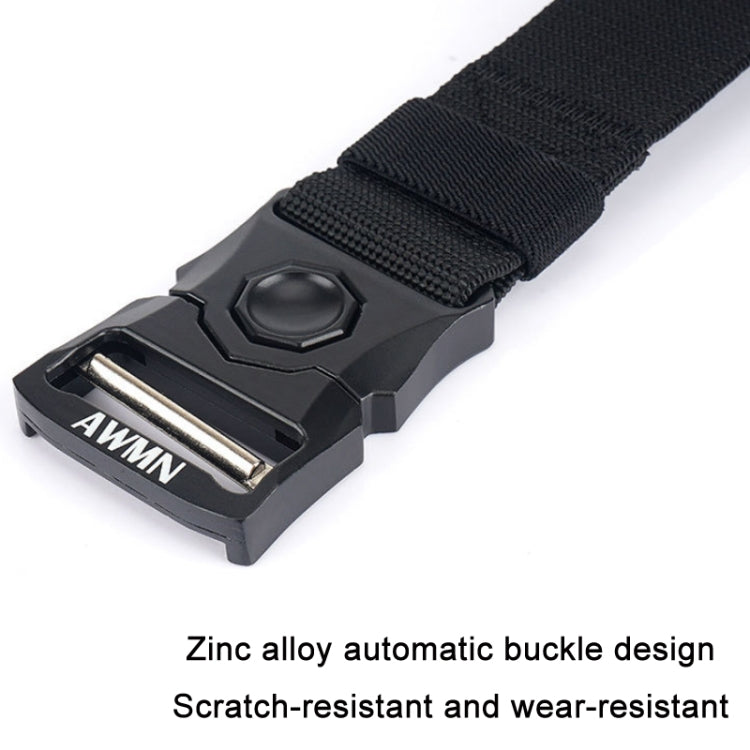 Elastic belt buckle detail with dark webbing and automatic metal clasp