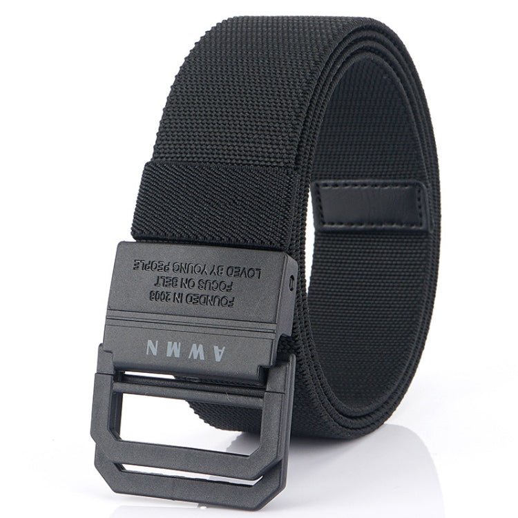 Elastic casual belt in dark fabric with rectangular buckle and reinforced keeper tab