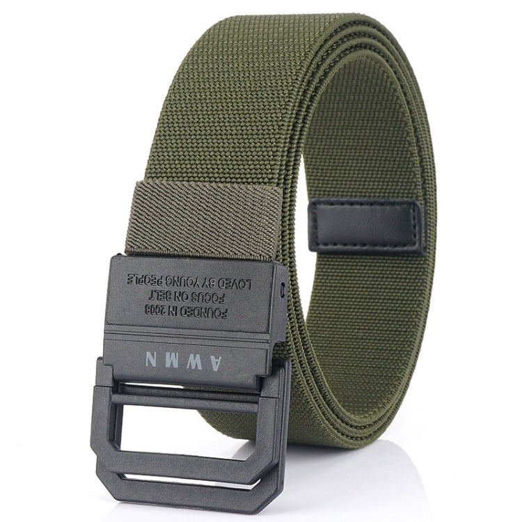 Elastic casual belt in olive green with rectangular buckle and leather-look keeper tab
