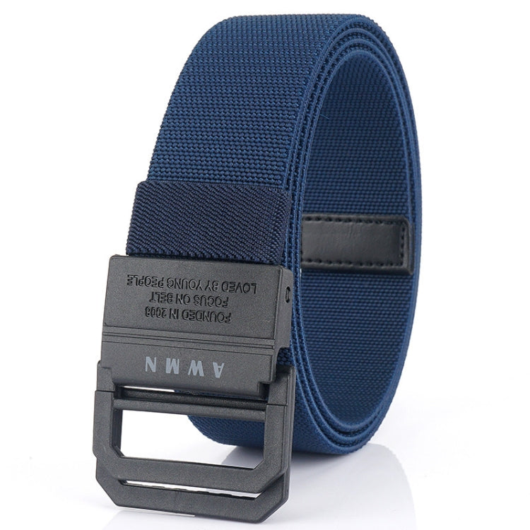 Elastic casual belt in blue with rectangular buckle and reinforced keeper tab