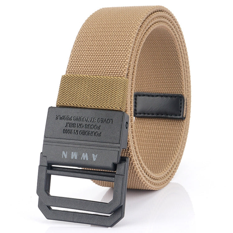 Elastic casual belt in tan with rectangular buckle and leather-look keeper tab