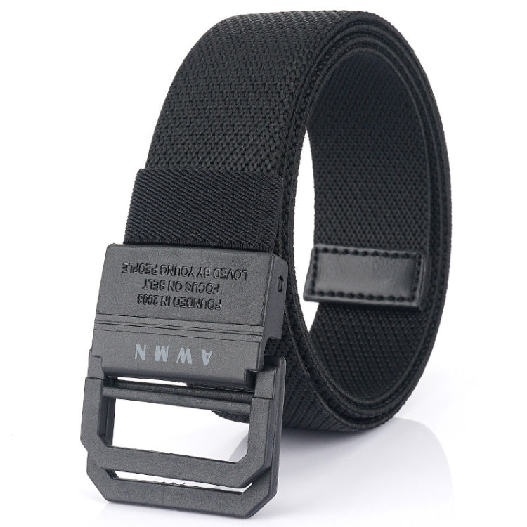 Elastic casual belt in black with rectangular buckle and stitched keeper tab
