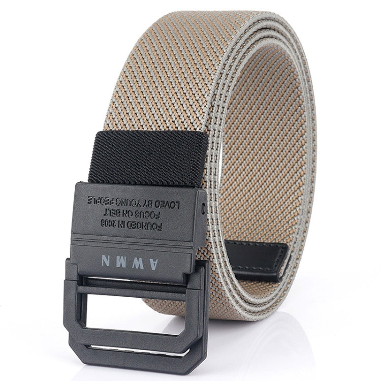 Men's elastic fabric belt in beige with black square buckle