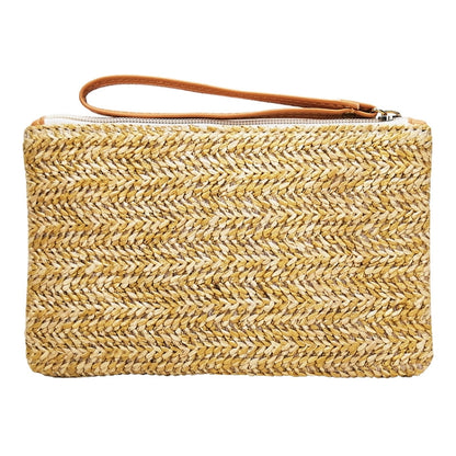 Beige straw clutch coin purse with woven texture, top zipper, and leather wrist strap.
