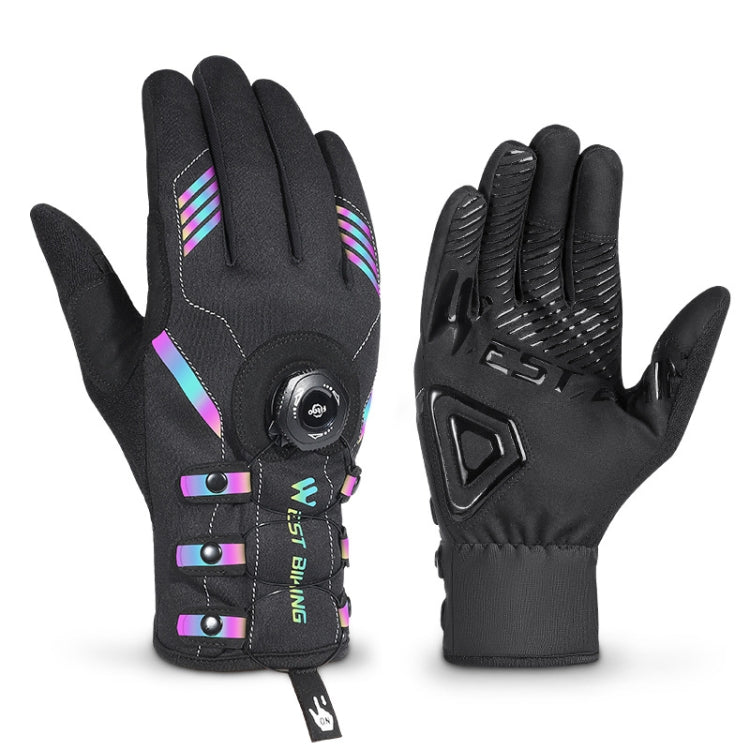 Black long-finger cycling gloves with colored trim, knuckle padding, and wrist buckle strap