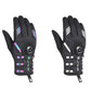 Pair of black long-finger cycling gloves with multicolor trim, padded palms, wrist buckle