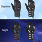 Pair of black long-finger cycling gloves with adjustable buckles and multicolor accents