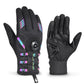 Black long-finger cycling gloves with rainbow stripe accents and padded knuckles, buckle strap