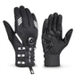 Black long-finger cycling gloves with white stripe inner panel, textured knuckle pads, buckle