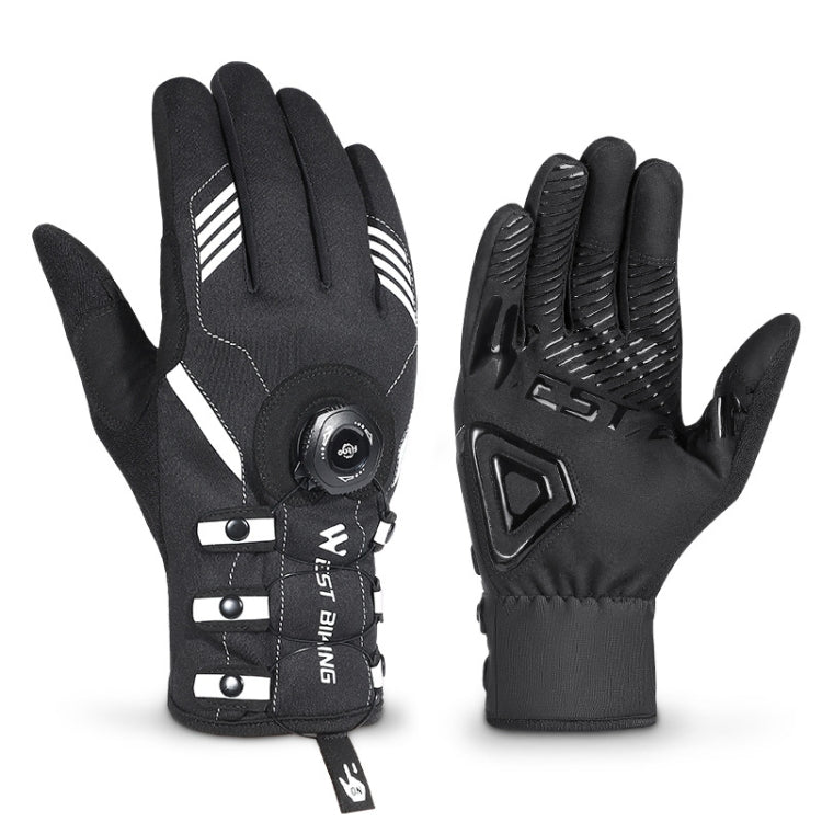 Black long-finger cycling gloves with white stripe inner panel, textured knuckle pads, buckle
