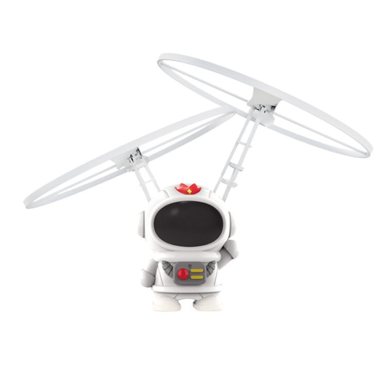 White astronaut gyro robot toy with red detail, glowing spinning white propellers