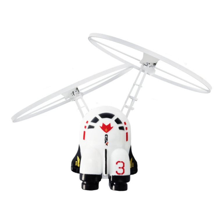White astronaut gyro robot toy with red crest and black boots, spinning white propellers