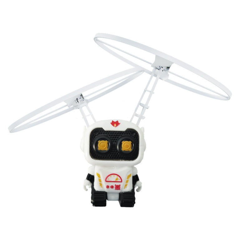 White astronaut gyro robot toy with yellow circuit display, spinning white propellers